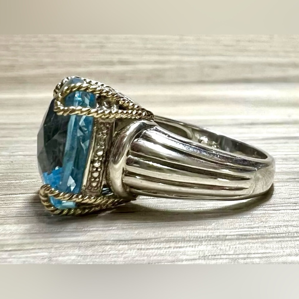 Vintage Designer Signed V Sterling Silver & 14K Yellow Gold 16mm Blue Topaz Ring - Picture 3 of 11